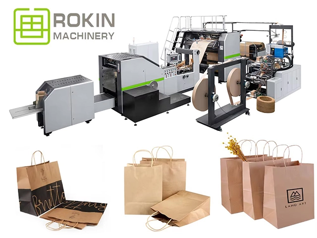 Rokin Machinery paper bag machine producing various branded kraft paper bags